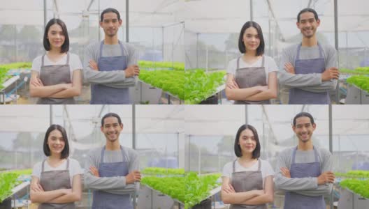 两对亚洲夫妇农民在蔬菜水培农场工作幸福。男人和女人交叉手臂，看着镜头微笑，幸福和骄傲在温室农场。高清在线视频素材下载