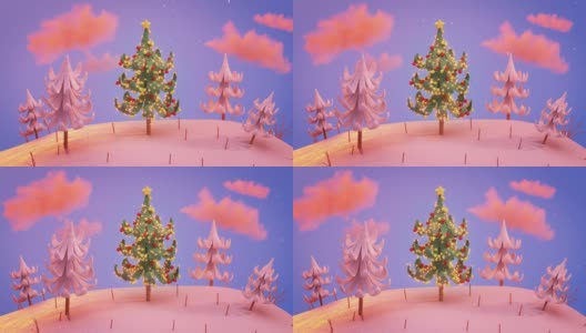 装饰圣诞树下雪3D渲染无缝循环动画高清在线视频素材下载