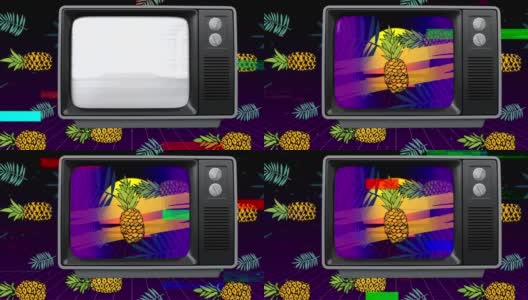 一个老电视前视图与嘶嘶屏幕时，电视开关，然后菠萝高清在线视频素材下载
