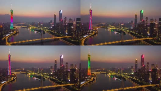 日落时间夜晚照明广州市中心城市景观珠江里德桥空中倾斜移位全景4k时间间隔中国高清在线视频素材下载