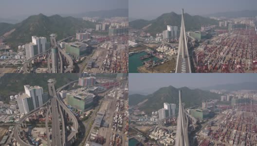 香港航拍v202飞越昂船洲大桥及杆塔高清在线视频素材下载