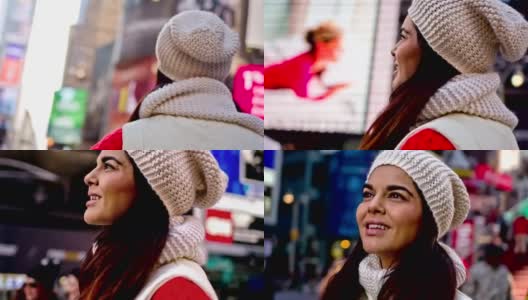 美丽的女人游客纽约纽约曼哈顿时代广场高清在线视频素材下载