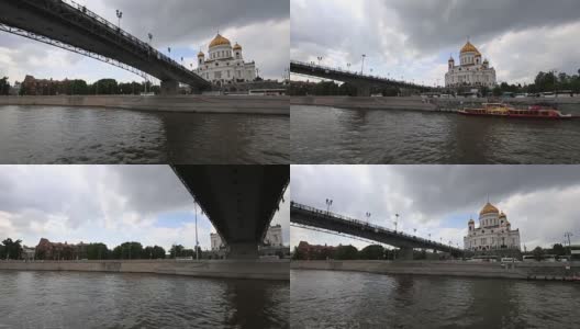 莫斯科河和基督救世主大教堂(天)，莫斯科，俄罗斯。从旅游游船上拍摄高清在线视频素材下载
