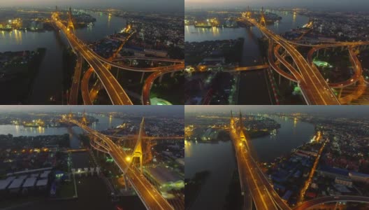 泰国曼谷的重要地标和陆路交通枢纽——普密蓬大桥鸟瞰图高清在线视频素材下载
