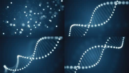 在蓝色背景下发光分子旋转DNA中的粒子构造高清在线视频素材下载