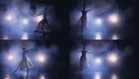 一位女舞者匆匆穿过黑暗的舞台。高清在线视频素材下载