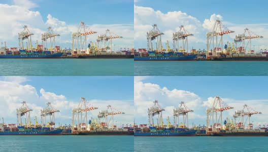 工业集装箱货船与工作起重机在船厂高清在线视频素材下载