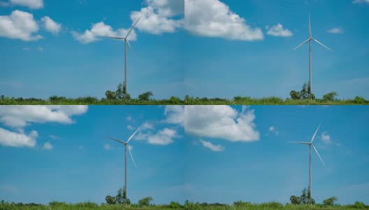 4K时间的晴朗蓝天和白云移动在大型风力涡轮机高清在线视频素材下载