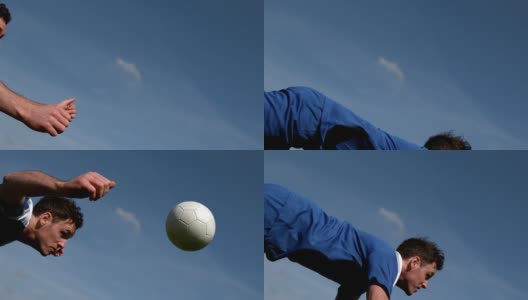 足球运动员在蓝天下头球高清在线视频素材下载