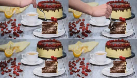 巧克力蜂蜜层蛋糕Medovik。一块巧克力蜂蜜蛋糕。高清在线视频素材下载
