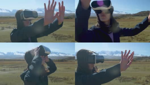 成功的年轻女子，戴着虚拟现实眼镜在雪山中旅行，在夏天度假高清在线视频素材下载