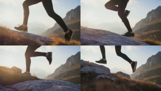 在山上跑步，在夕阳的照耀下，看运动员的双腿高清在线视频素材下载