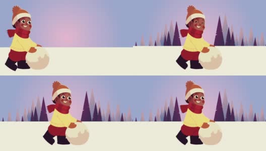 小黑人男孩穿着冬装在雪景中玩雪球高清在线视频素材下载