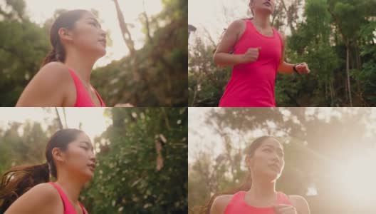 年轻女运动员在公园跑步的慢动作剪辑高清在线视频素材下载