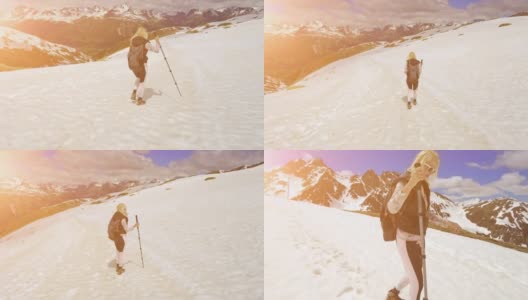 在瑞士拿着登山杖的女孩高清在线视频素材下载