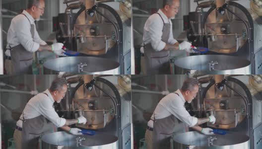 亚洲华人工作高级男子手拿手套刷洗咖啡烘焙机高清在线视频素材下载
