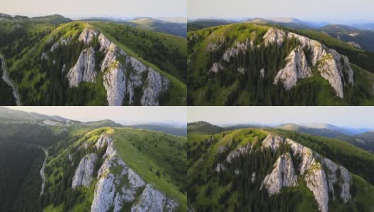 空中拍摄的Kopaonik，塞尔维亚山，欧洲。山脉，山峰，悬崖，岩石，山脊，景观，绿草，天空，云，自然，未开垦的自然，无人机视频。高清在线视频素材下载