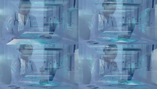 动画的数字屏幕上的白人女医生使用笔记本电脑高清在线视频素材下载