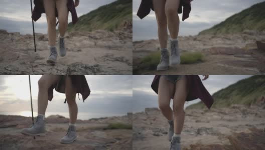一个女性远足者在度假时徒步旅行的脚和腿。高清在线视频素材下载