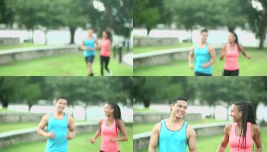 一对年轻情侣在公园里一起跑步高清在线视频素材下载