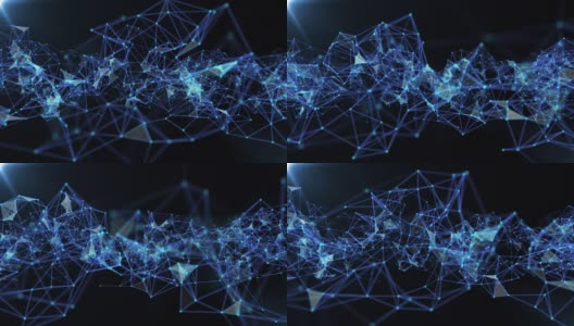 移动抽象网格的连接和点，未来的技术概念，飞进网格空间高清在线视频素材下载