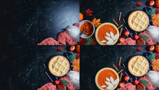 感恩节苹果和南瓜派在黑色大理石桌上定格动画。高清在线视频素材下载