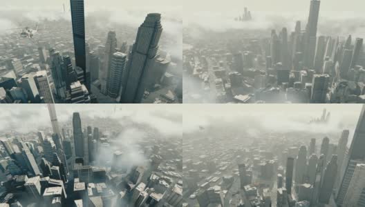 直升机飞过摩天大楼，淹没了城市高清在线视频素材下载
