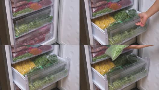 冷冻青豆。冷冻食品存储。生食饮食装有切片蔬菜和水果的塑料盒和袋子高清在线视频素材下载