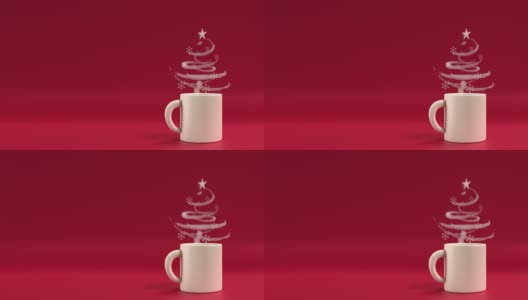 红色背景下，一杯热咖啡或茶的烟制成的圣诞树新年贺卡，分辨率为4K高清在线视频素材下载