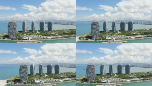 背景为三亚城市景观的三亚凤凰岛高清在线视频素材下载