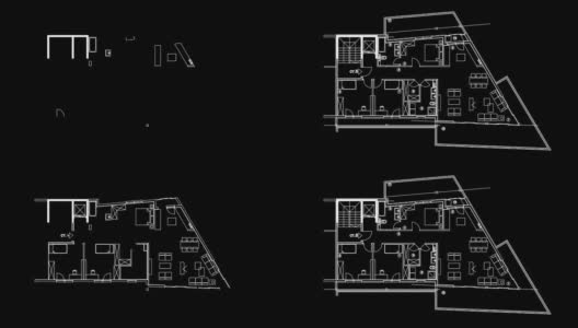 抽象建筑背景:蓝图房屋平面图和建筑线框模型高清在线视频素材下载