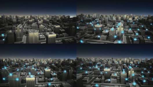 智慧城市上的各种智能传感器图标，连接物联网技术。晚上的时间。4 k动画。高清在线视频素材下载