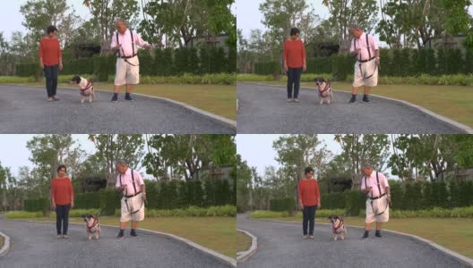 亚洲老年夫妇与狗在假期高清在线视频素材下载