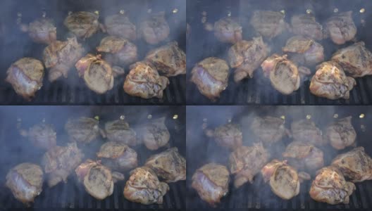 烧烤，肉，鸡肉，木炭，烤肉串。高清在线视频素材下载