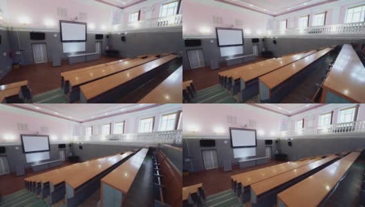 空荡荡的现代化教育大教室。会议室里空无一人。高清在线视频素材下载