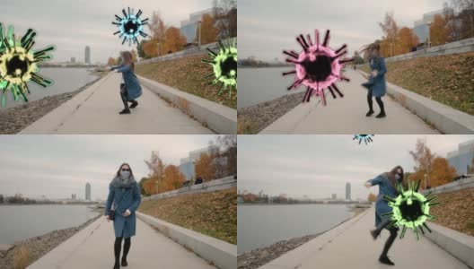 3d动画女孩抗击冠状病毒。戴着防护面具的女人打了高清在线视频素材下载
