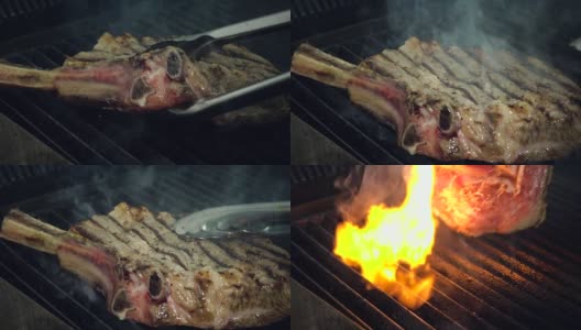 厨长用金属钳子将生肉放在热气腾腾的烤架上，下面是火，特写慢镜头。高清在线视频素材下载