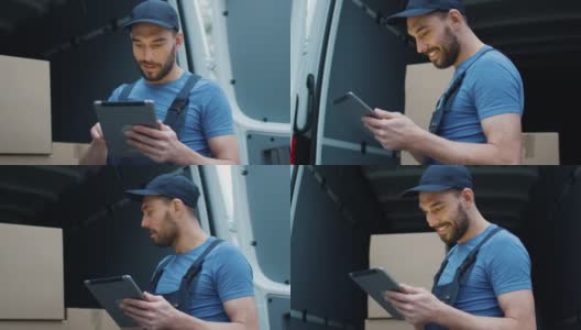 微笑的快递员用平板电脑检查他的货物数量。高清在线视频素材下载
