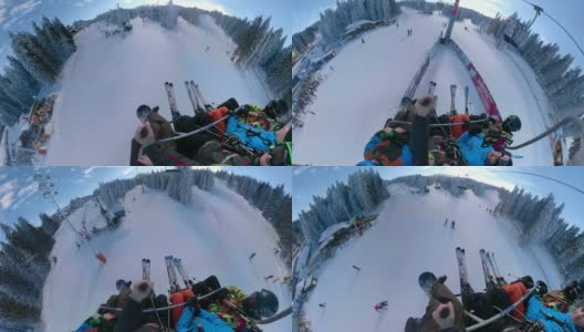 个人观点，骑在滑雪缆车上的滑雪板高清在线视频素材下载