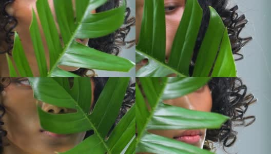 特写头部镜头:亚洲美丽的晒黑女人触摸她的脸由树叶在白色的背景。人以美容、保健、情感为理念。高清在线视频素材下载