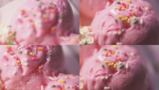 一碗美味的草莓味冰淇淋，点缀着五颜六色的糖霜。高清在线视频素材下载