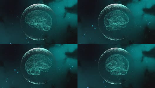 人造大脑模型在透明的球体内给予神经冲动在朦胧的空间背景。高清在线视频素材下载