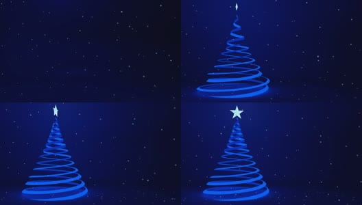 当代蓝丝带圣诞树艺术和飘落的雪花，3D动画高清在线视频素材下载