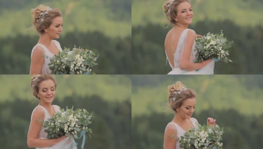 美丽年轻的新娘捧着花束高清在线视频素材下载