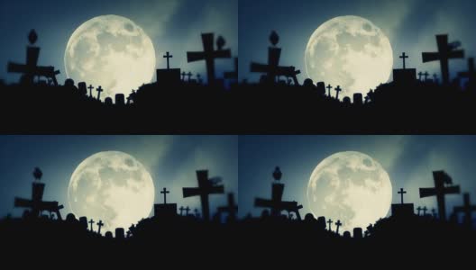 幽灵墓地与乌鸦站在坟墓上满月的背景高清在线视频素材下载