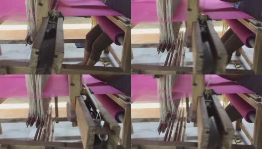 工人用手工织布机织造丝织物高清在线视频素材下载