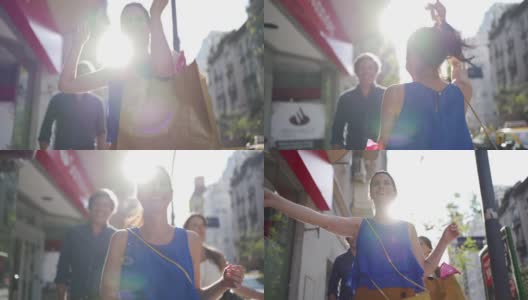 美丽的无忧无虑的女人在城市的街道上跳舞高清在线视频素材下载