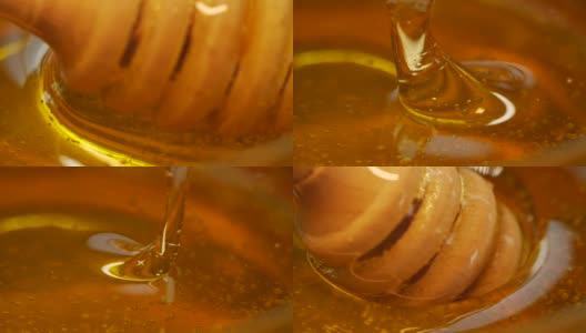 特写蜂蜜从木勺流出高清在线视频素材下载