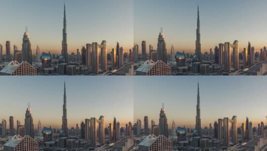 T/L鸟瞰迪拜天际线在日落/迪拜，阿联酋高清在线视频素材下载
