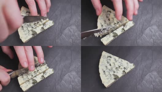 蓝色奶酪切片特写。法国奶酪高清在线视频素材下载